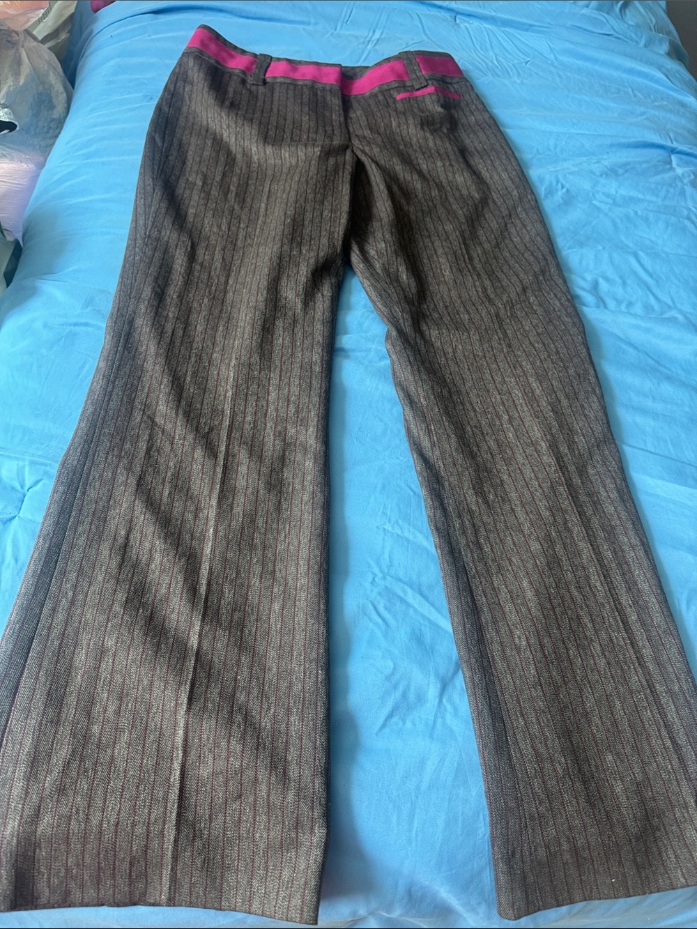 Etcetera Charcoal Pinstripe Boot-Cut Pants with Pink Waistband